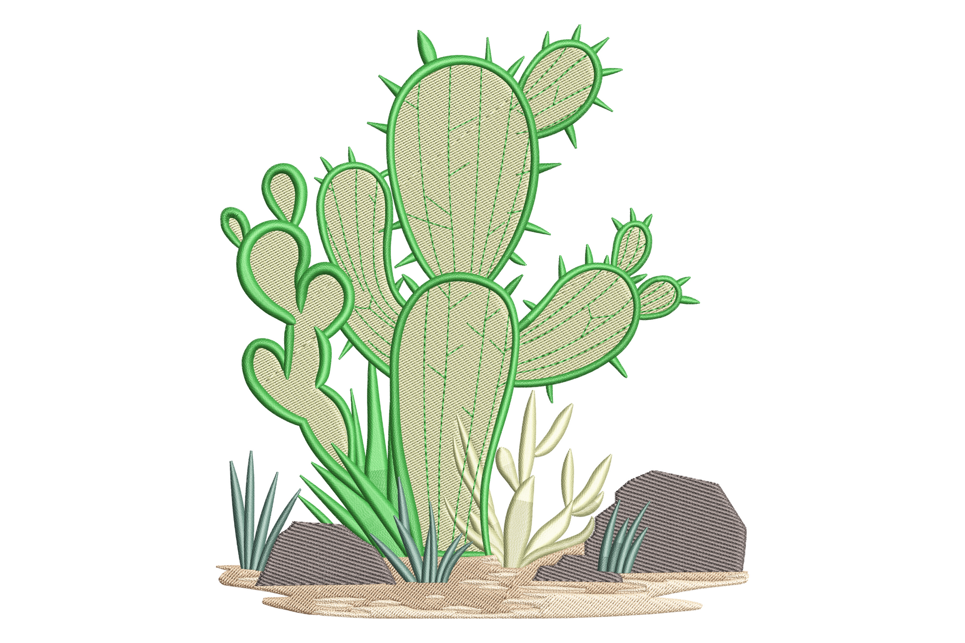 Desert cactus embroidery design with tall prickly pear pads, agave blades and grey rocks on sandy ground, 6 earthy colours.
