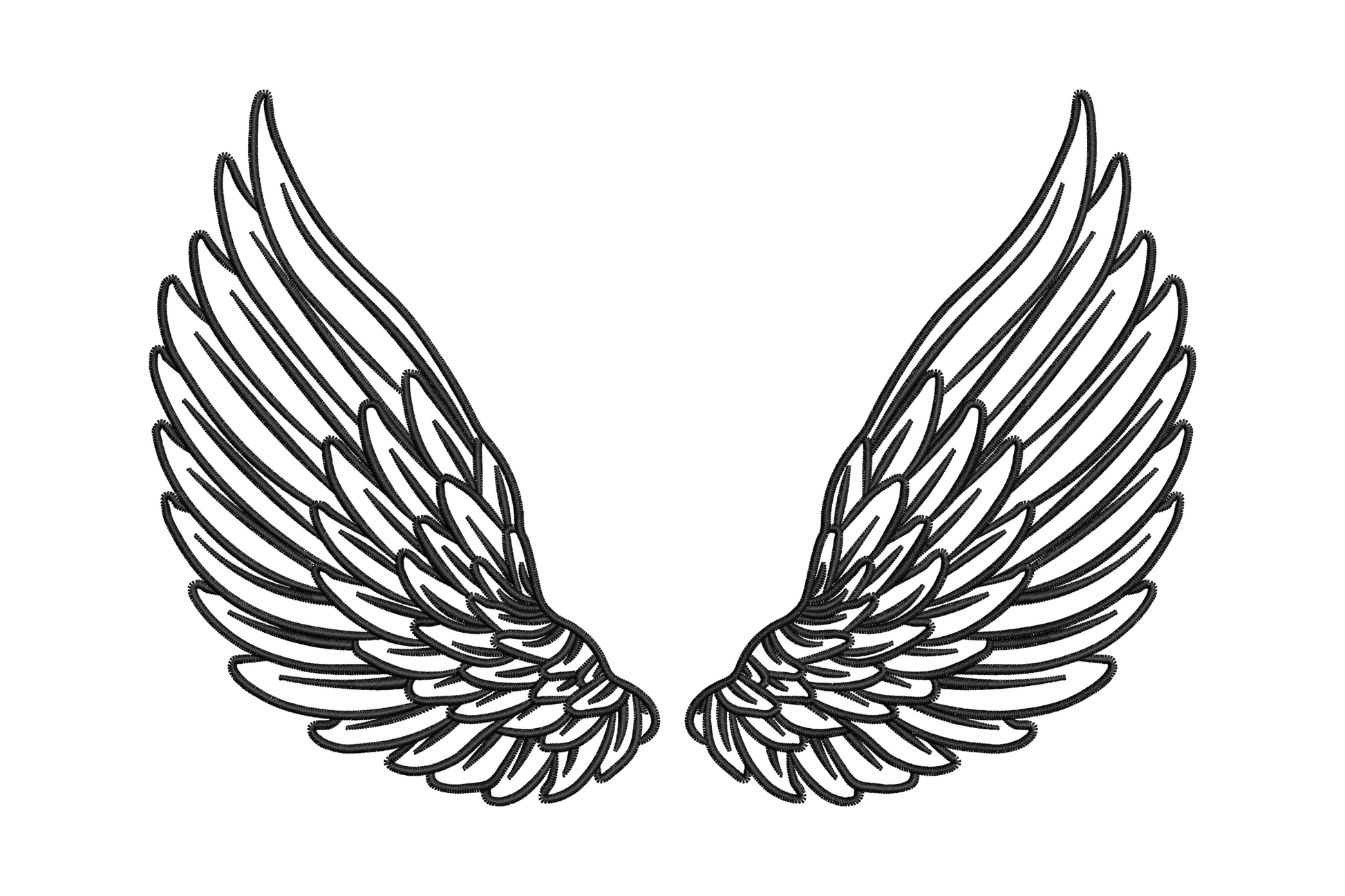 Detailed angel wings line art embroidery design, single color with dense layered feather rows, 3 sizes from 3.8 to 5.2 inches wide