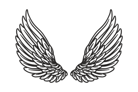 Detailed angel wings line art embroidery design, single color with dense layered feather rows, 3 sizes from 3.8 to 5.2 inches wide