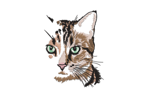 Detailed cat face embroidery with directional fur stitching, green-gold eyes, tabby markings, and white whiskers