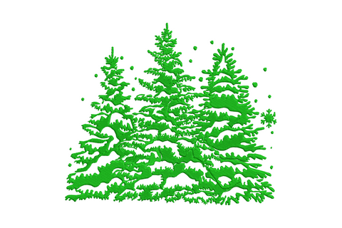 Detailed pine trees embroidery design with three trees of varying height, layered branch tiers and fine needle texture in single colour.