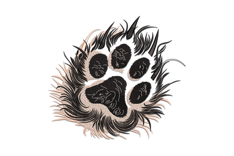 Furry paw print embroidery design with wild fur spikes, 3 colours in peach, black and white on white background.