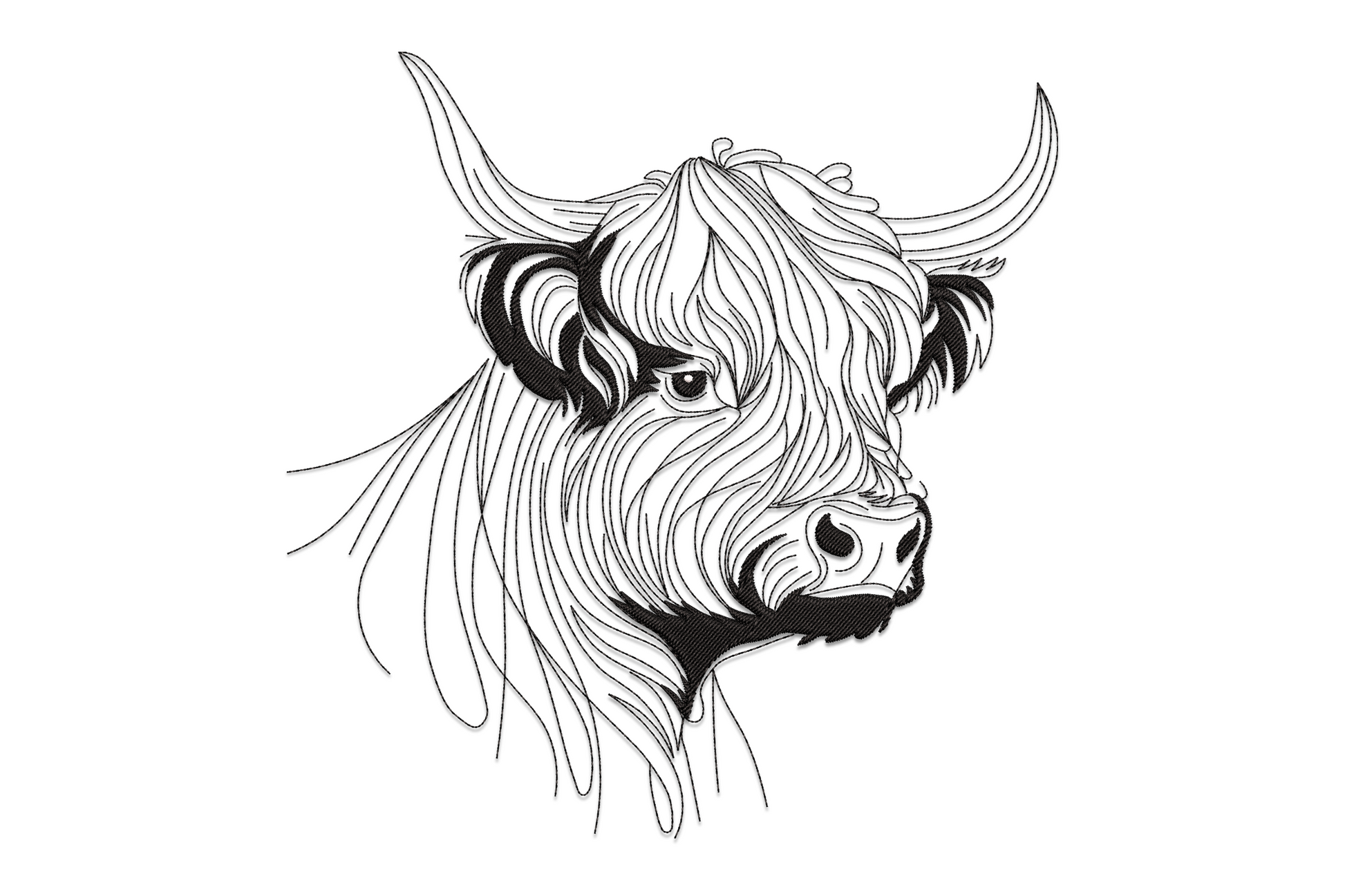 Highland cow portrait embroidery design with flowing shaggy mane and wide horns, dense black line-art style on white ground.