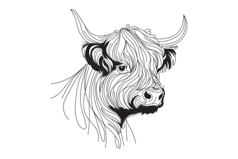 Highland cow portrait embroidery design with flowing shaggy mane and wide horns, dense black line-art style on white ground.