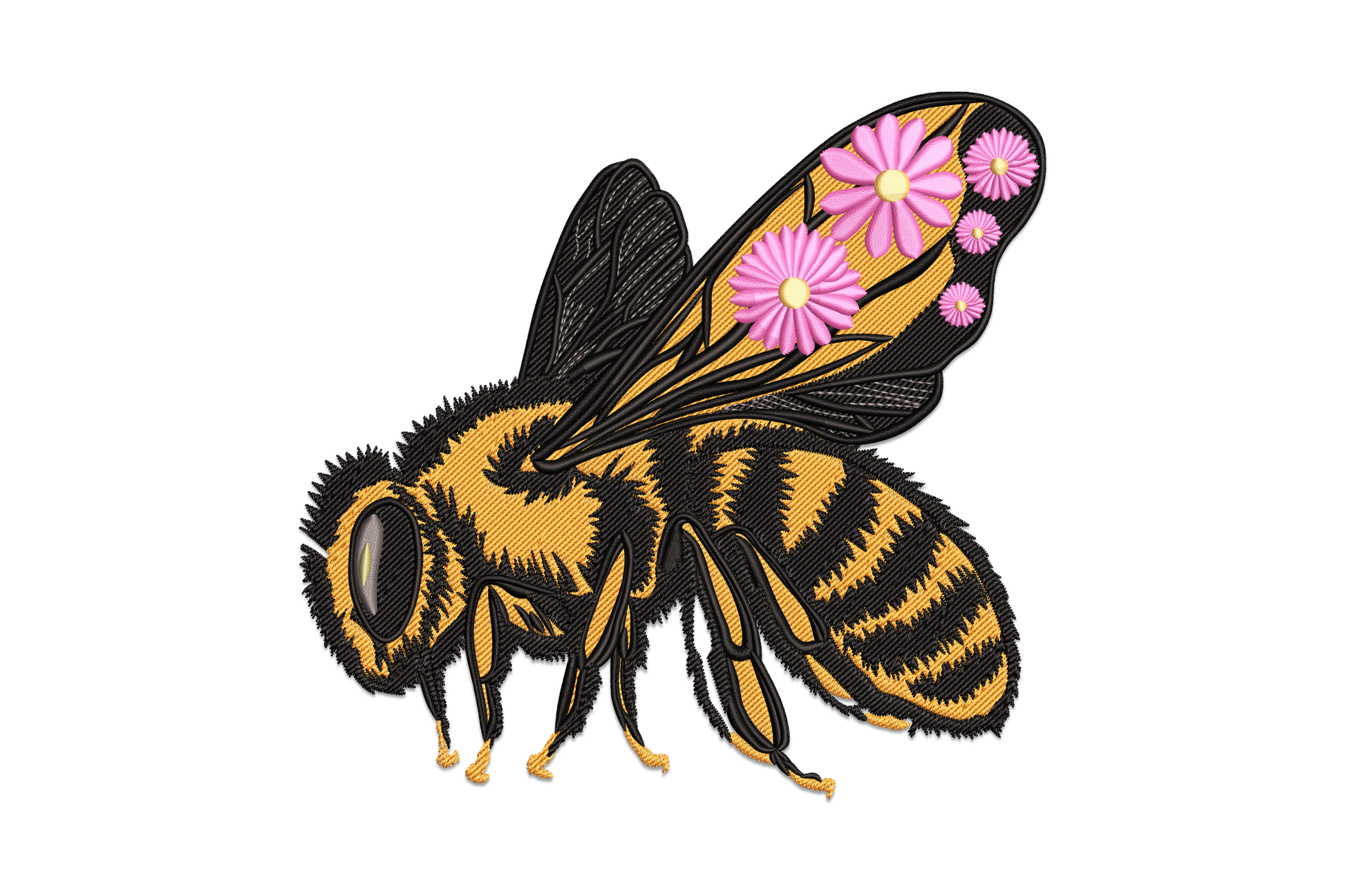 Detailed honey bee embroidery with directional body stitching, translucent wing texture, amber and black stripes in 6 thread colours on cream fabric