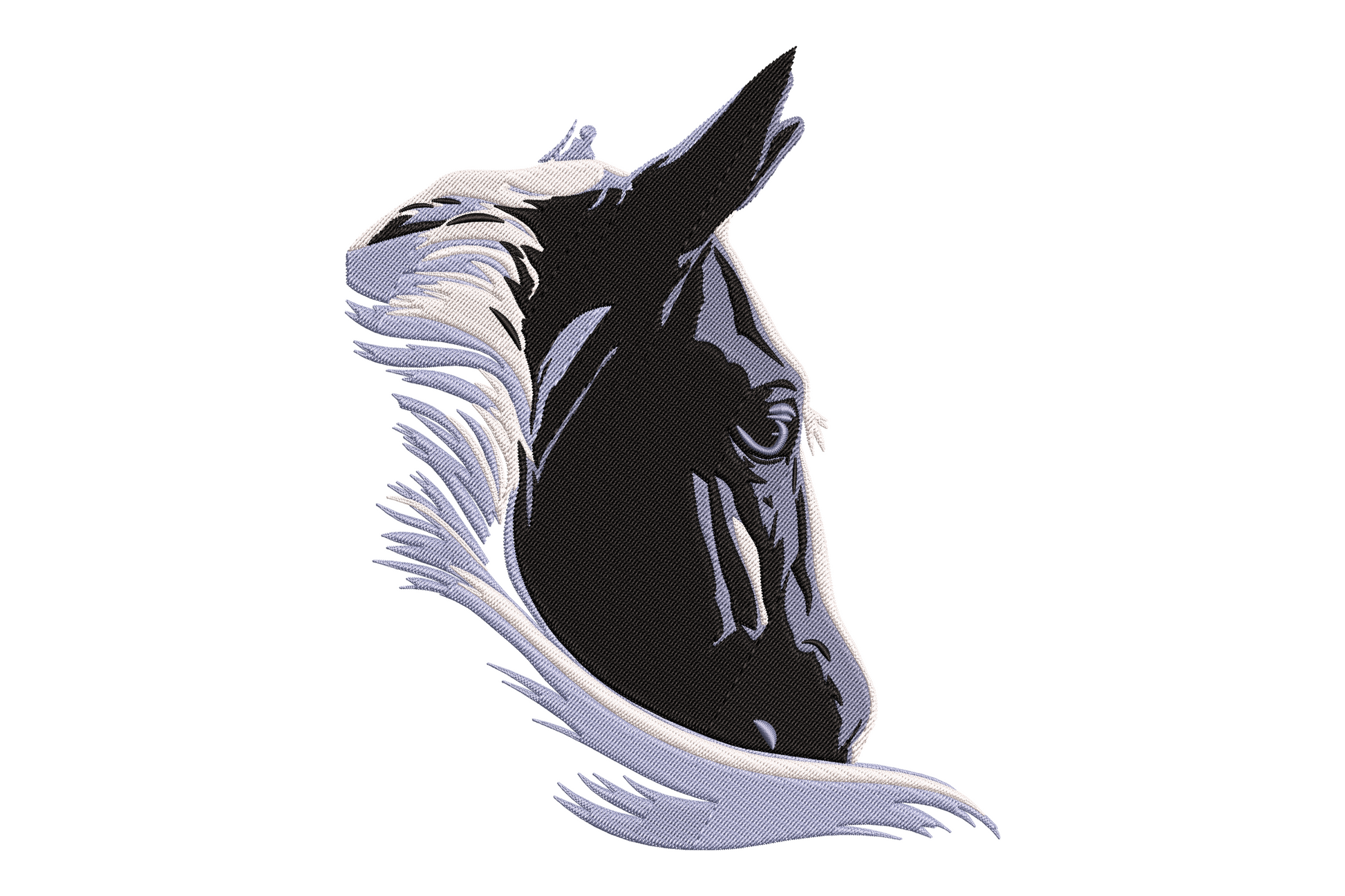 Detailed horse head embroidery portrait with jet black face, directional shading and pale grey-blue flowing mane on white background.