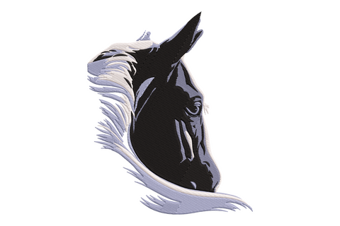 Detailed horse head embroidery portrait with jet black face, directional shading and pale grey-blue flowing mane on white background.