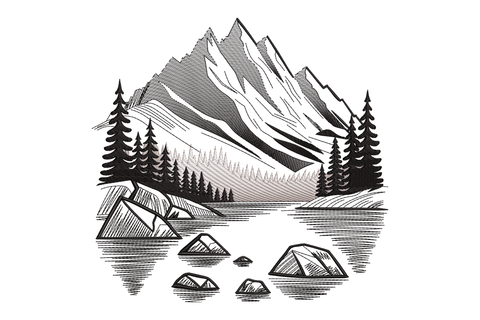 Black and white illustration of a mountain landscape with trees and rocks.