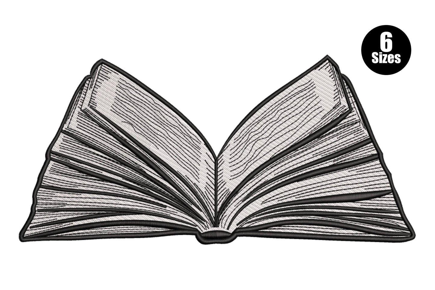 Detailed open book embroidery design with white satin page fills and dense black horizontal line texture, wide spread pages and central spine.