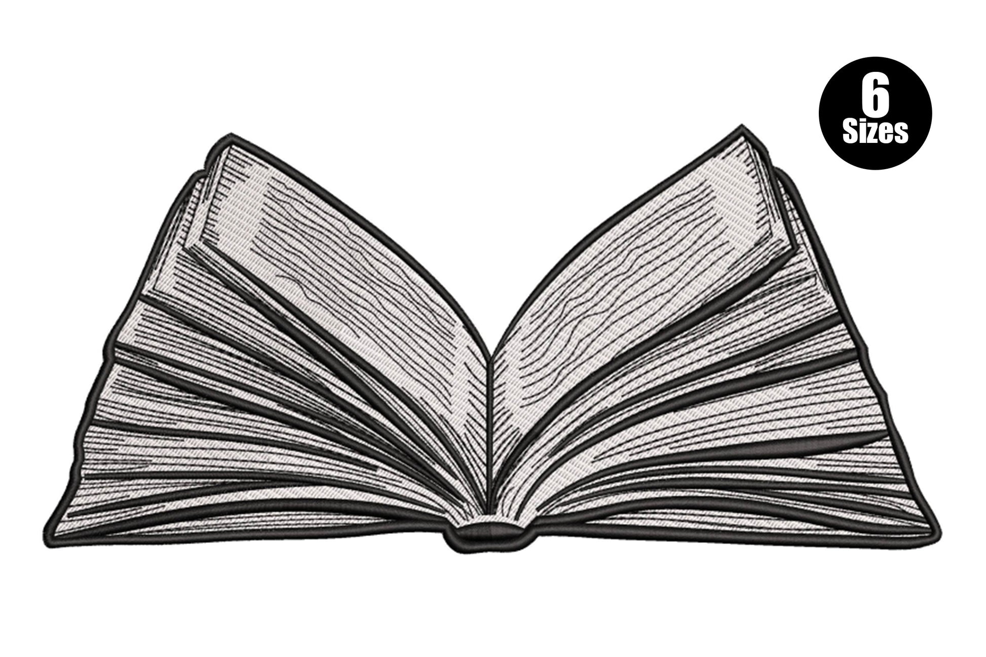 Detailed open book embroidery design with white satin page fills and dense black horizontal line texture, wide spread pages and central spine.