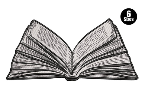 Detailed open book embroidery design with white satin page fills and dense black horizontal line texture, wide spread pages and central spine.