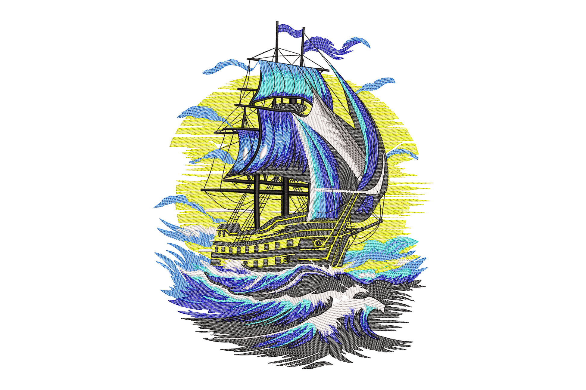 Machine embroidery design of a detailed sailing ship under full sail in choppy waves, sun backdrop, engraving style, 8 colors