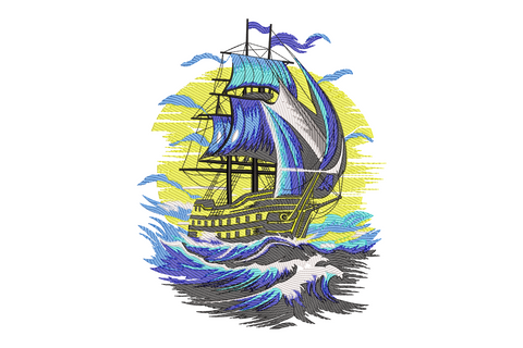 Machine embroidery design of a detailed sailing ship under full sail in choppy waves, sun backdrop, engraving style, 8 colors