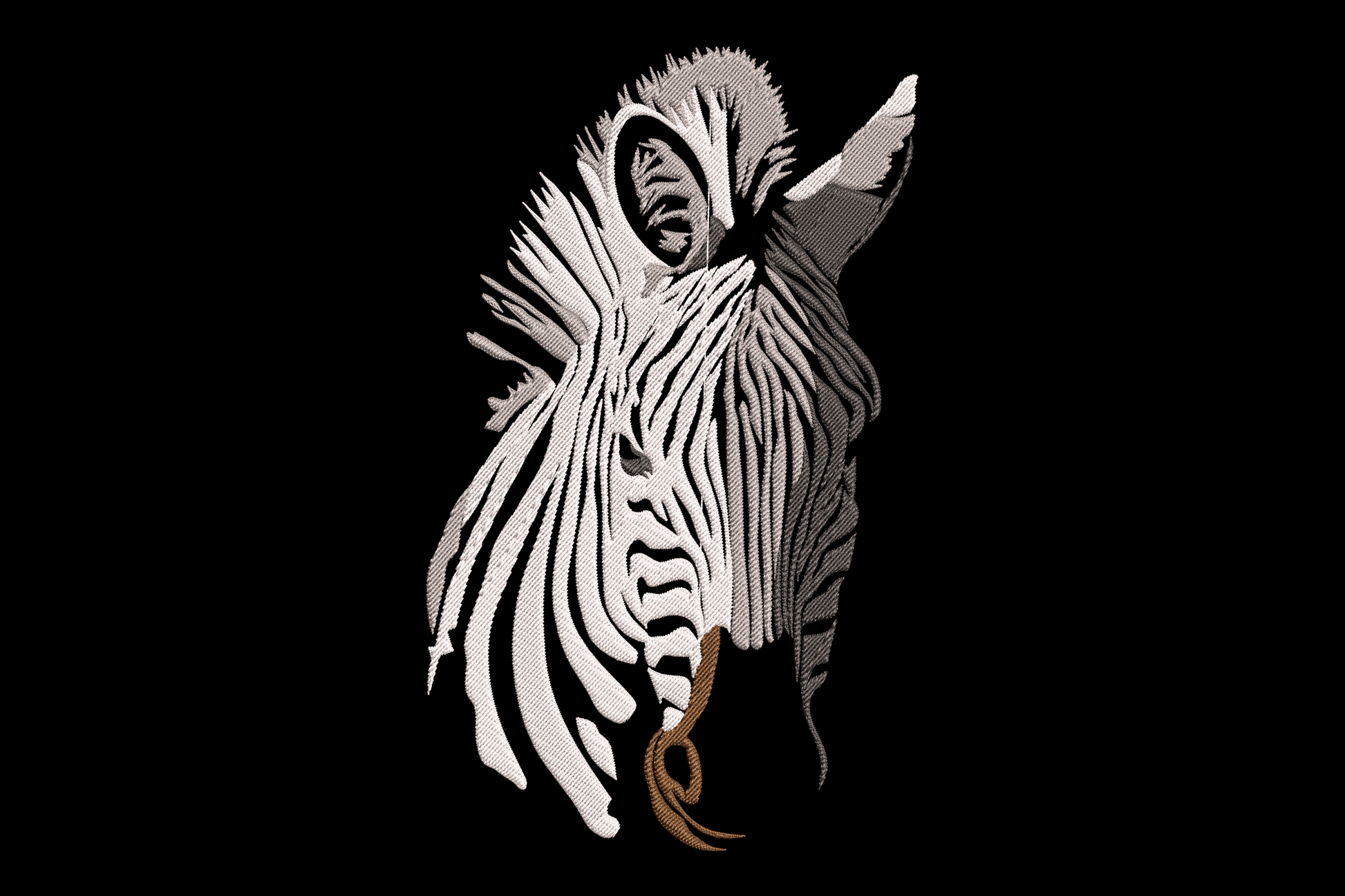 Detailed zebra head embroidery design with realistic stripe pattern, three-quarter portrait view in black, white, and warm cream on natural fabric.