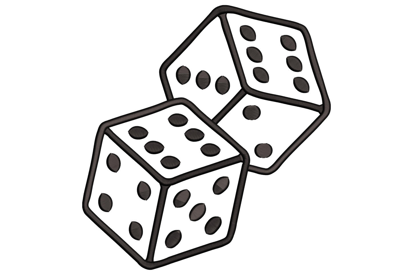 Two tumbling dice embroidery design in black satin-stitch outline with stippled pip dots, mid-roll angle, 13 sizes.