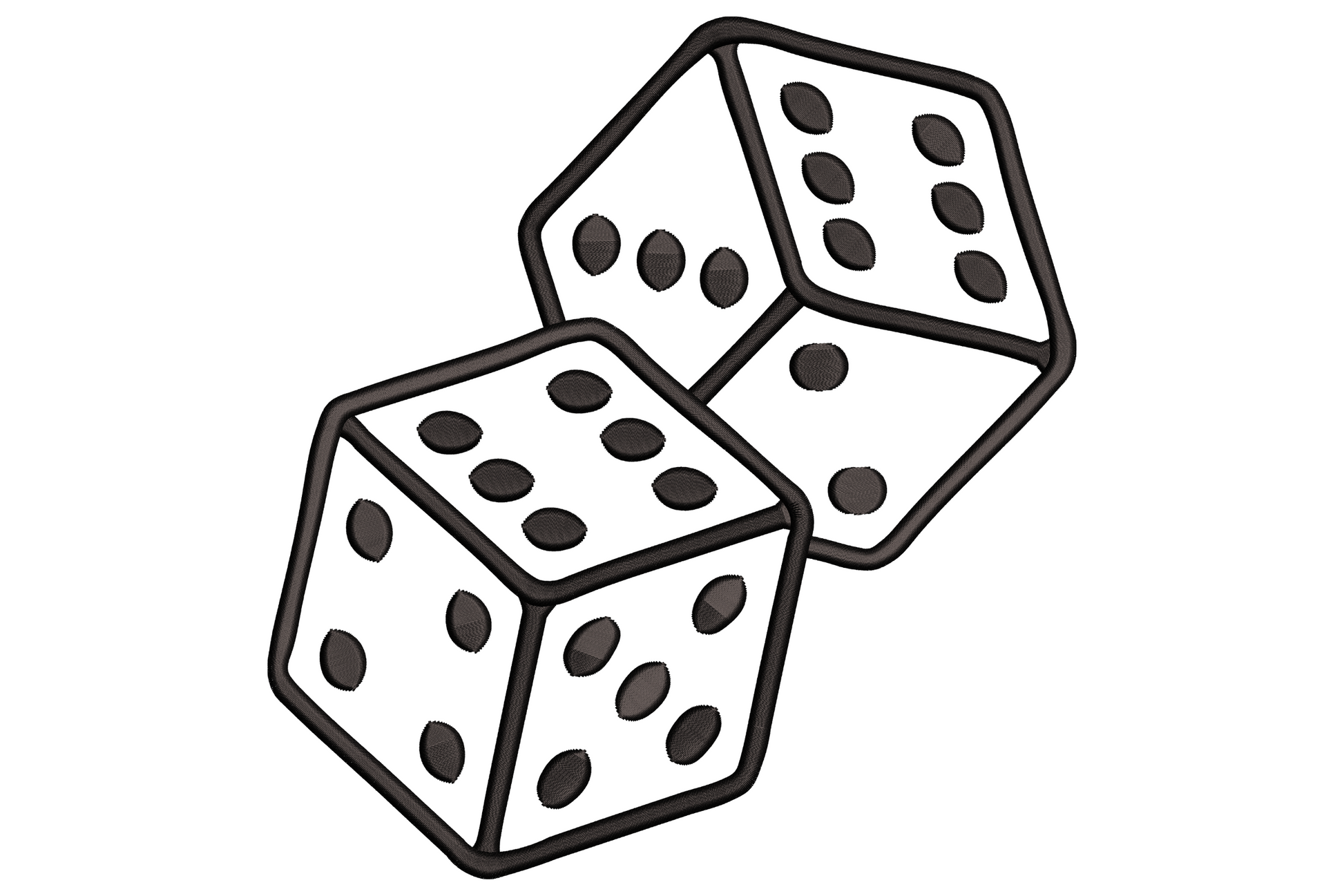 Two tumbling dice embroidery design in black satin-stitch outline with stippled pip dots, mid-roll angle, 13 sizes.
