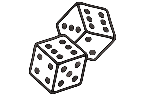 Two tumbling dice embroidery design in black satin-stitch outline with stippled pip dots, mid-roll angle, 13 sizes.
