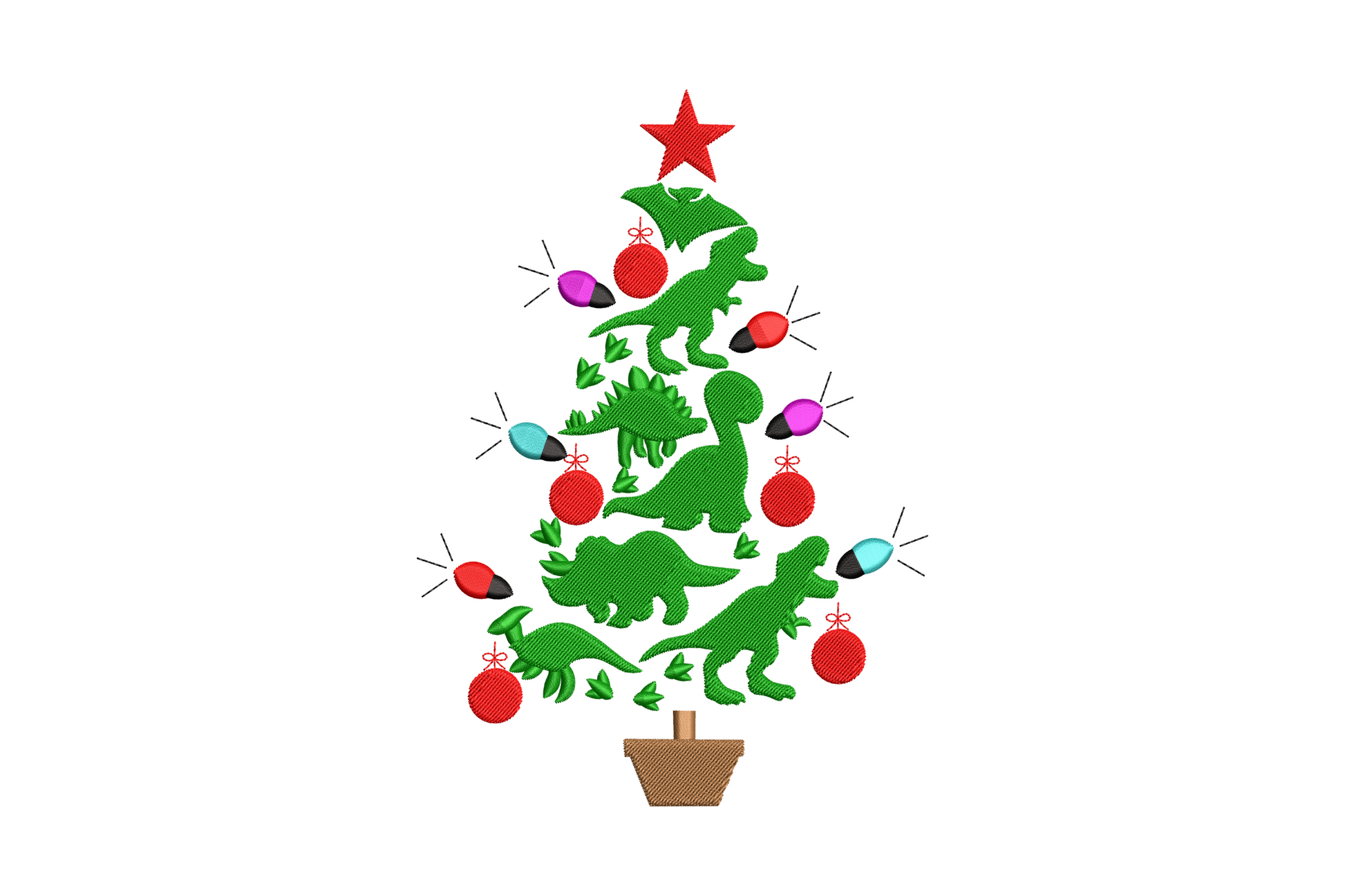 Christmas tree silhouette made from stacked green dinosaur shapes with red star top and coloured lights embroidery design