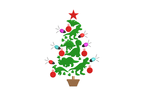 Christmas tree silhouette made from stacked green dinosaur shapes with red star top and coloured lights embroidery design