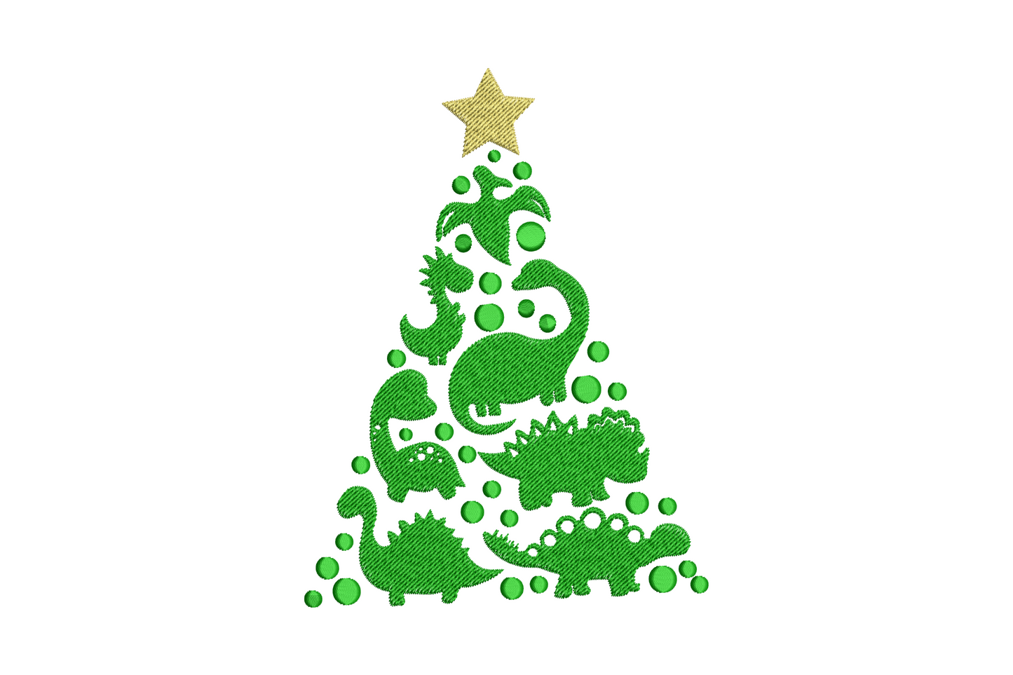 Cartoon dinosaurs stacked into a Christmas tree pyramid with a gold star topper, machine embroidery design in 2 colours on white background