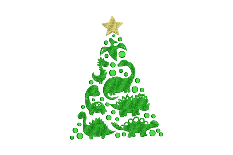 Cartoon dinosaurs stacked into a Christmas tree pyramid with a gold star topper, machine embroidery design in 2 colours on white background
