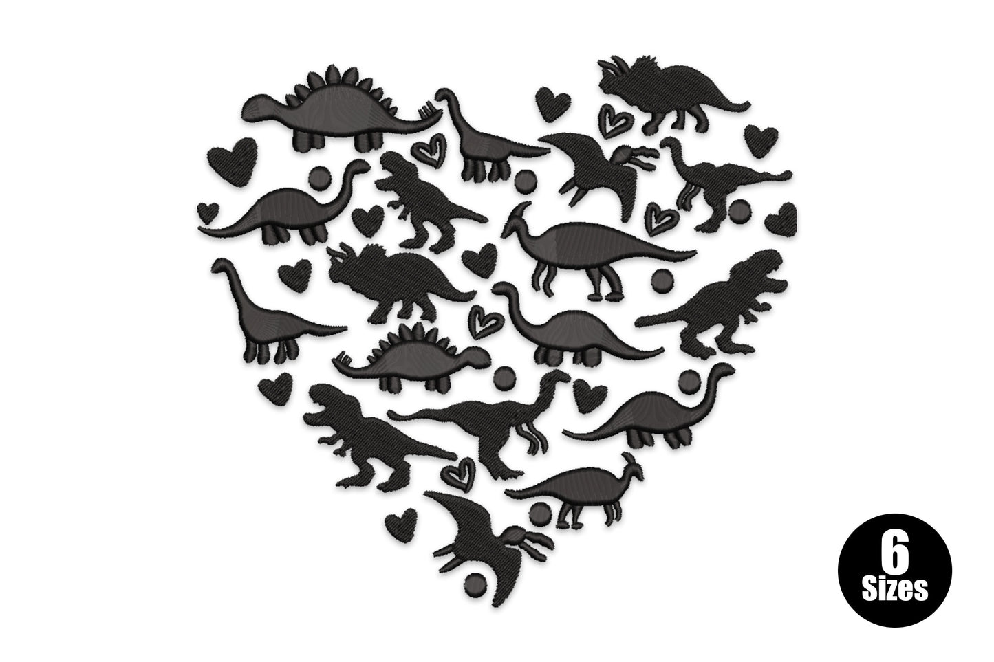 Heart-shaped embroidery design filled with solid black dinosaur silhouettes including T-rex, stegosaurus, brachiosaurus and triceratops with small hearts scattered between them.