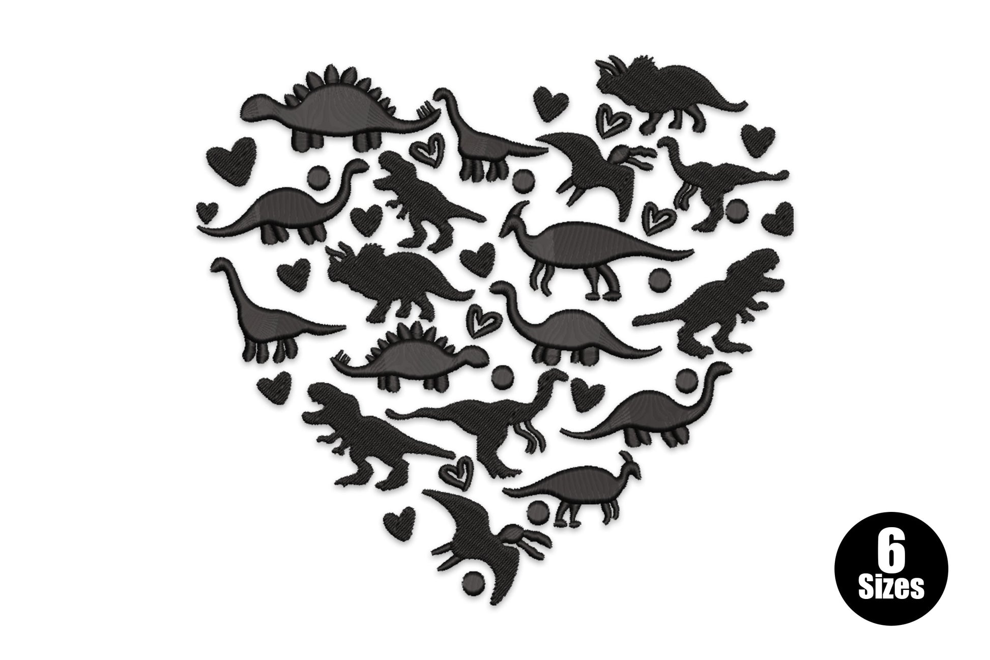 Heart-shaped embroidery design filled with solid black dinosaur silhouettes including T-rex, stegosaurus, brachiosaurus and triceratops with small hearts scattered between them.