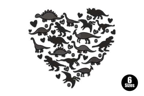 Heart-shaped embroidery design filled with solid black dinosaur silhouettes including T-rex, stegosaurus, brachiosaurus and triceratops with small hearts scattered between them.