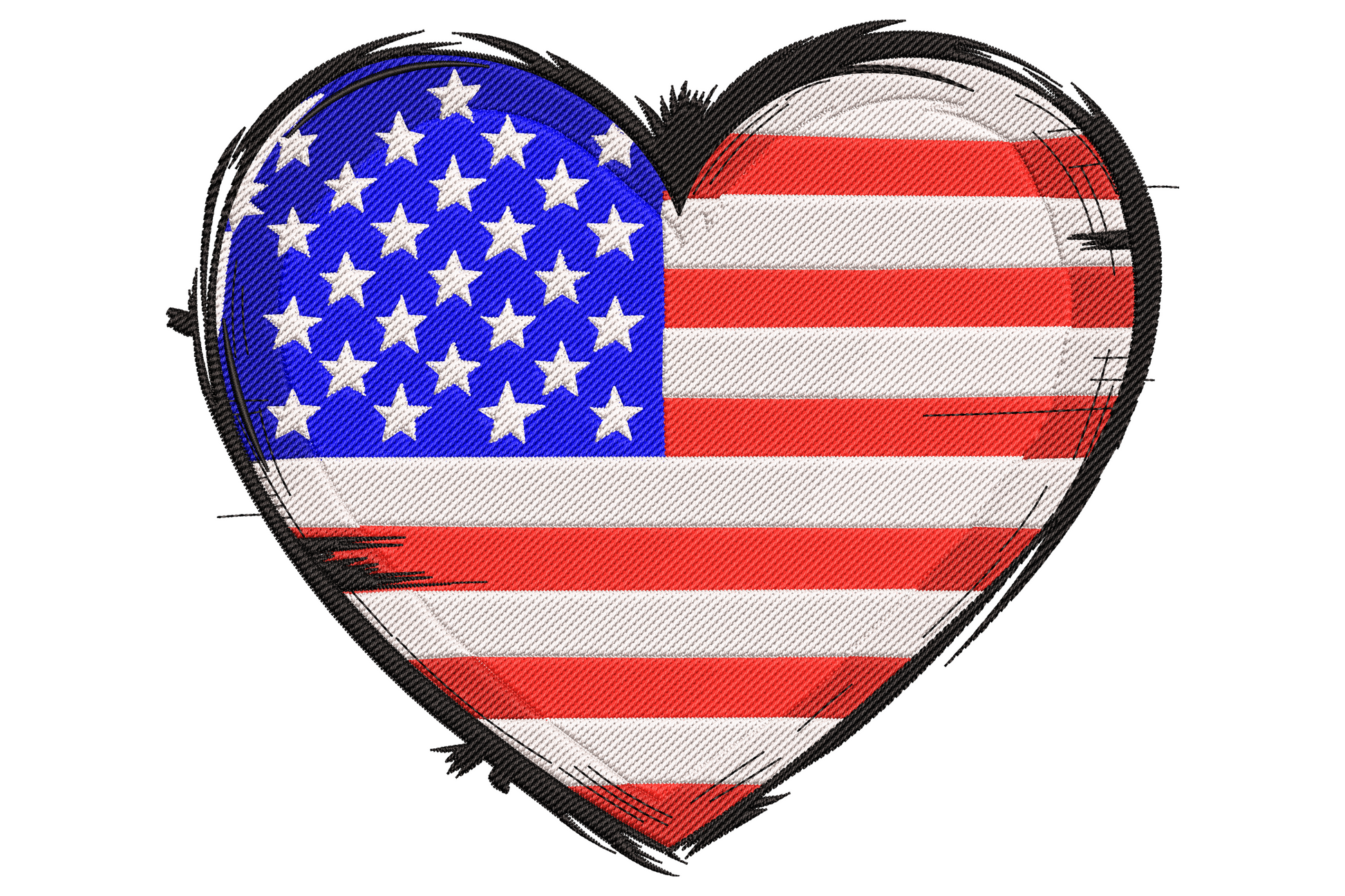 Distressed American flag heart embroidery design with sketchy black grunge outline and 7 thread colours