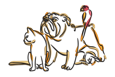Dog cat bird family embroidery, seated cat, bulldog and perched parrot in warm orange and black cartoon line-art style.