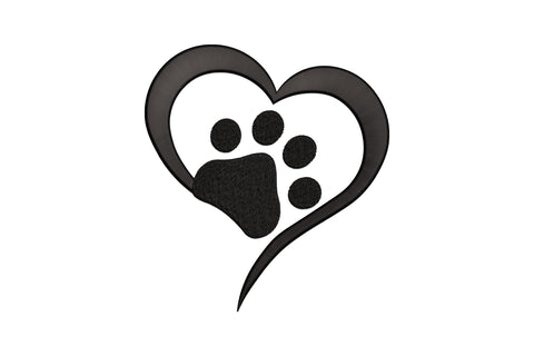 Dog cat paw love embroidery design with bold black heart outline and centred paw print, single colour minimal silhouette.
