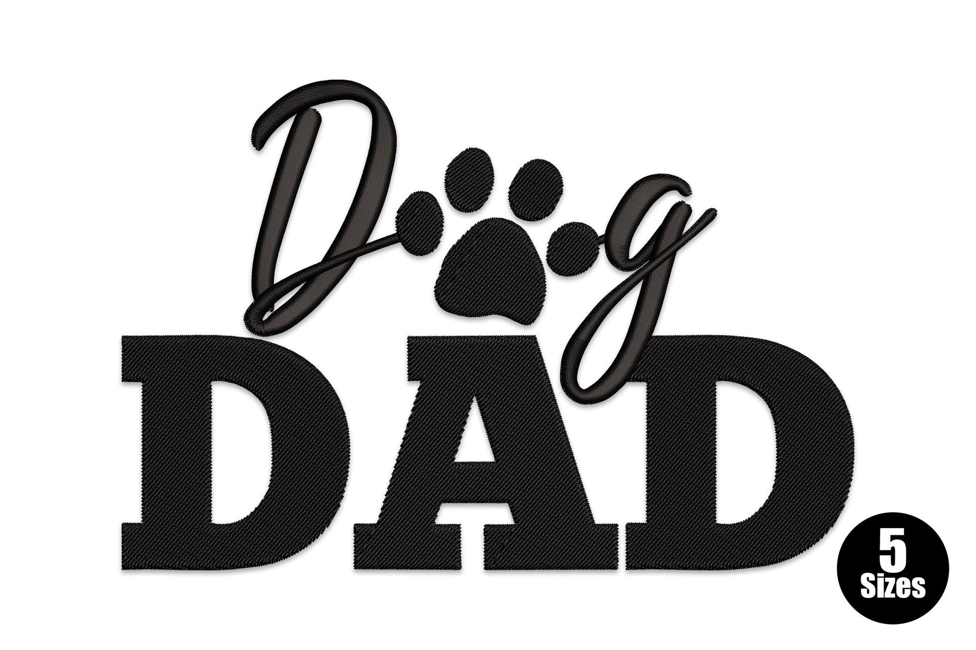 Dog Dad machine embroidery design showing the word Dog in script with a paw print replacing the letter O and the word DAD in bold block letters below, all in solid black thread