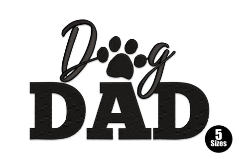 Dog Dad machine embroidery design showing the word Dog in script with a paw print replacing the letter O and the word DAD in bold block letters below, all in solid black thread