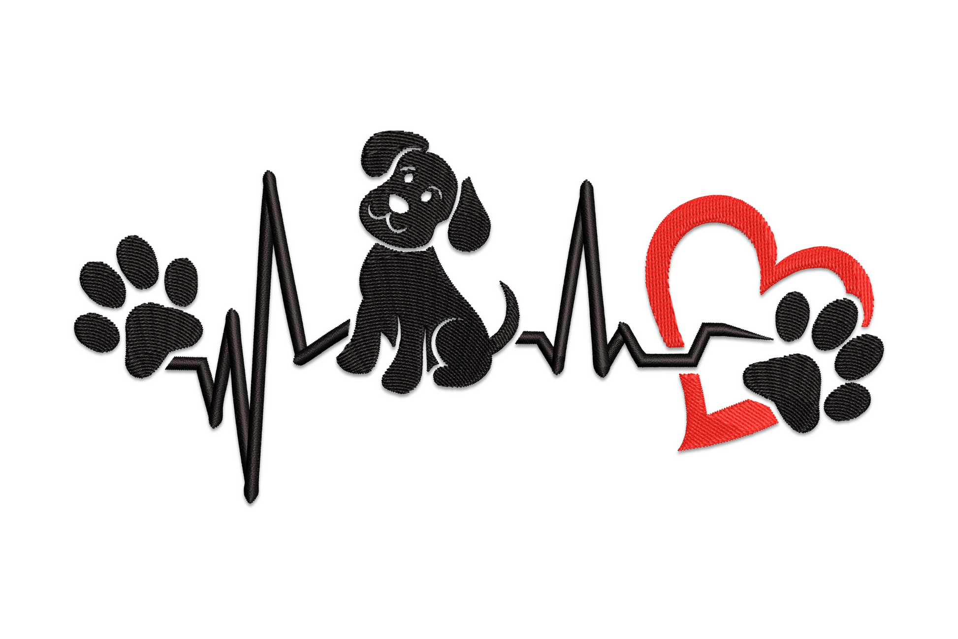 Dog heartbeat paw embroidery design, red EKG pulse line with black filled paw print at the peak, two-colour graphic.
