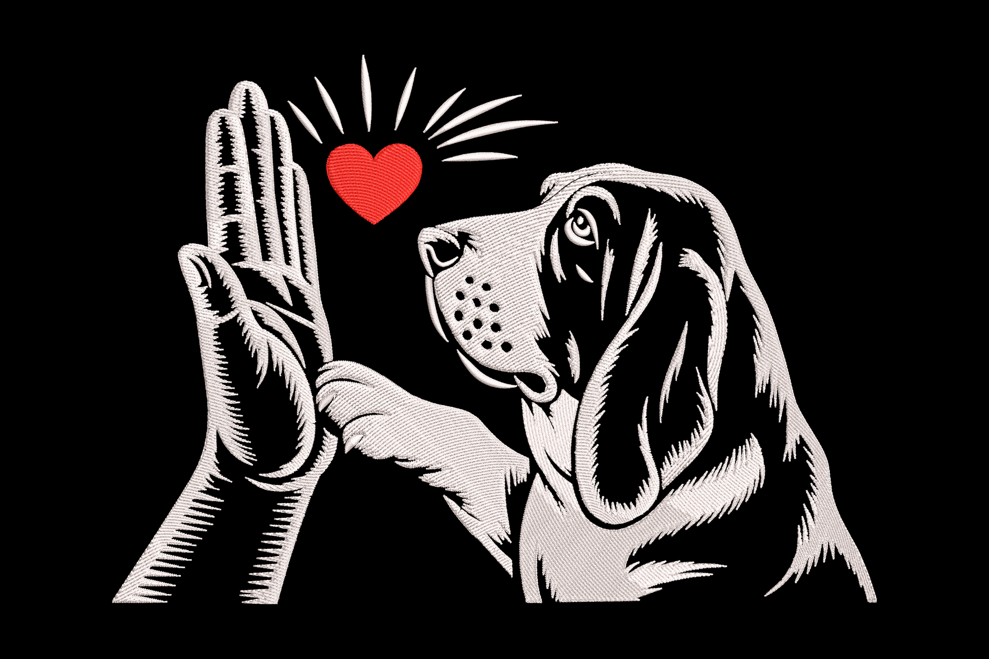 Illustration of a dog looking at a heart symbol between two hands on a black background
