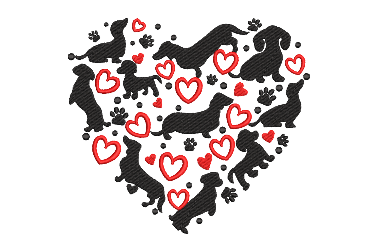 Dog love heart embroidery design, dachshund silhouettes and red outline hearts packed into a heart shape, 2 colors black and red, 5 sizes 4 to 7 inches
