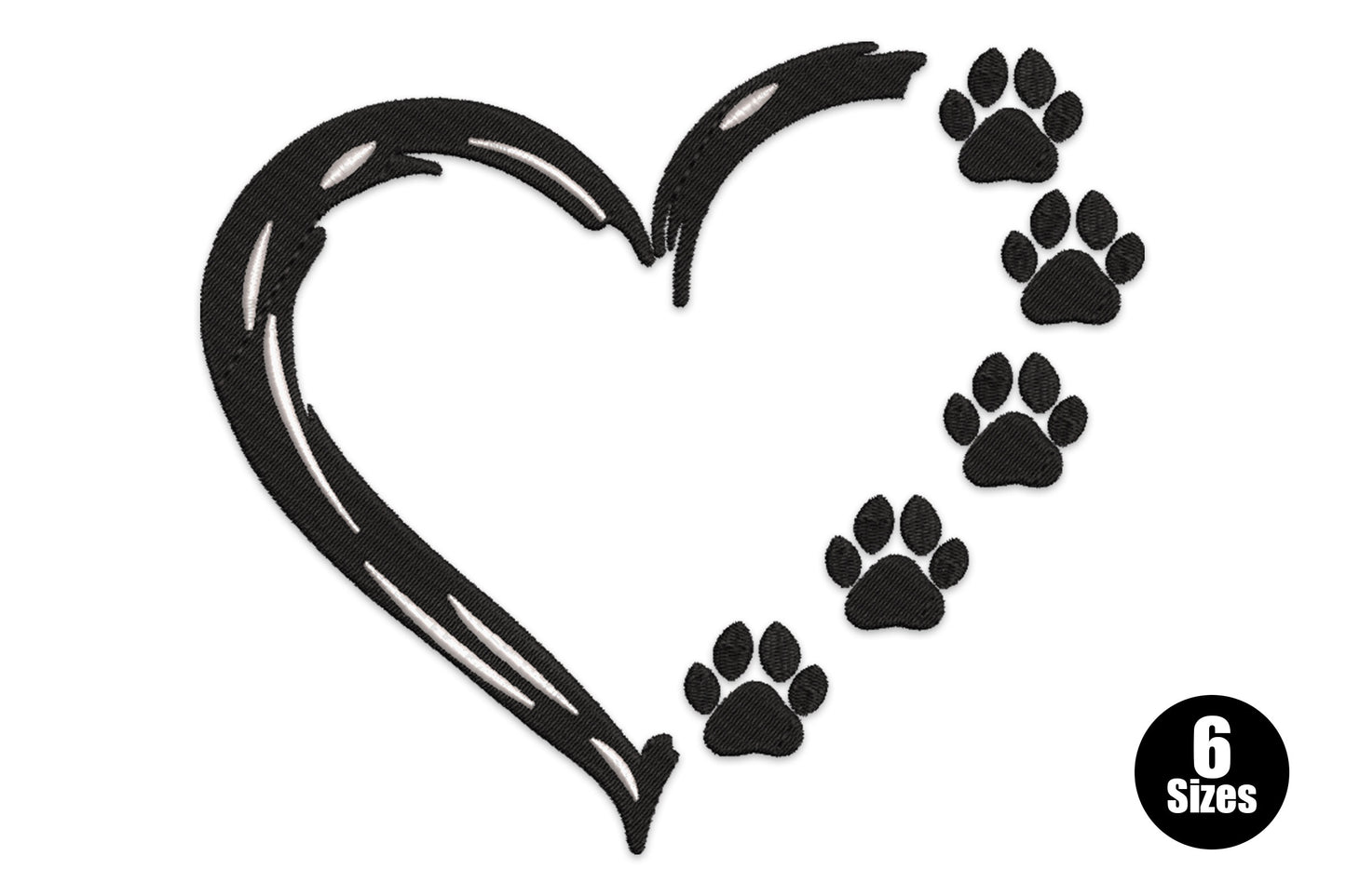 Dog lover heart paw trails embroidery design with a brush-stroke open heart outline and five filled paw prints trailing down the right side in black and white thread.