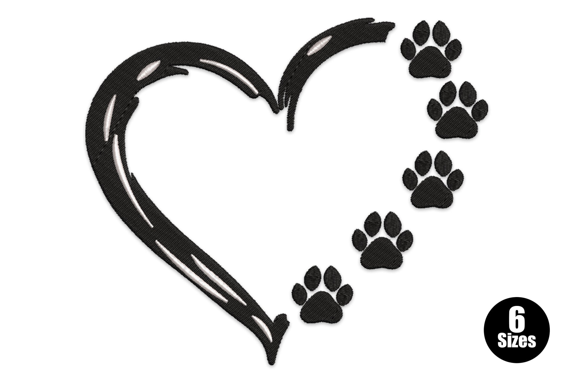 Dog lover heart paw trails embroidery design with a brush-stroke open heart outline and five filled paw prints trailing down the right side in black and white thread.