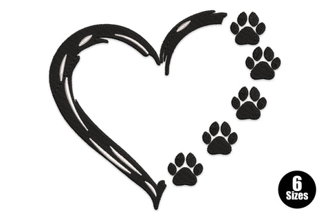 Dog lover heart paw trails embroidery design with a brush-stroke open heart outline and five filled paw prints trailing down the right side in black and white thread.