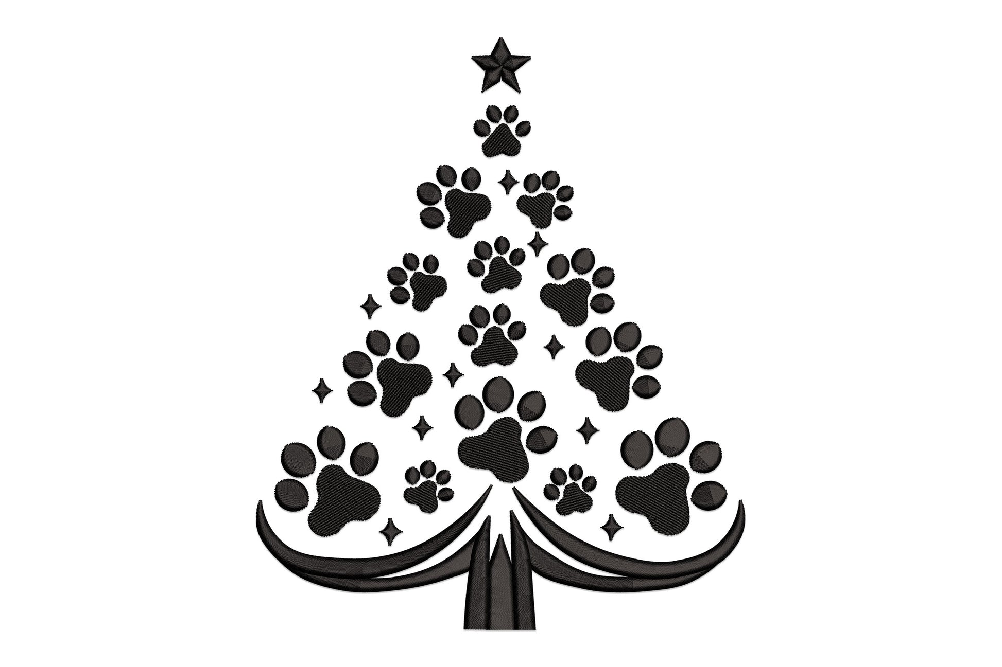 Christmas tree embroidery design made entirely of dog paw print and nose motifs in black silhouette with a star topper.
