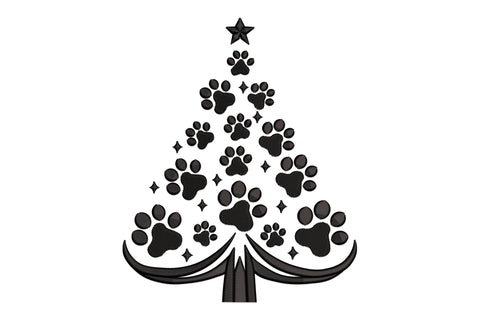 Christmas tree embroidery design made entirely of dog paw print and nose motifs in black silhouette with a star topper.
