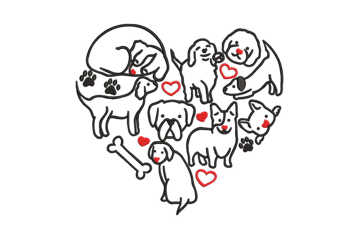Machine embroidery design of eight outline-style dogs arranged in a heart shape with red hearts scattered between them, 2 colors black and red