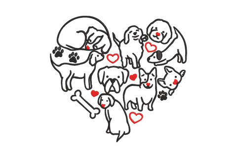 Machine embroidery design of eight outline-style dogs arranged in a heart shape with red hearts scattered between them, 2 colors black and red
