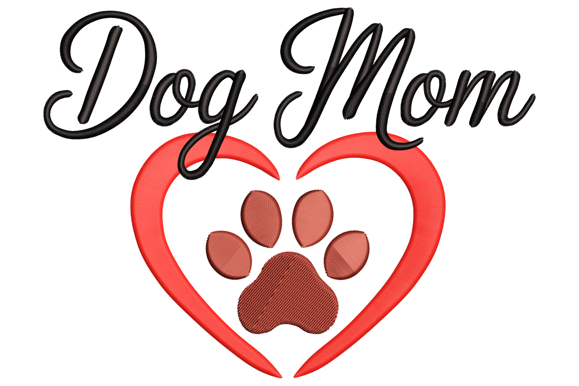 Dog Mom black script text above a red open heart with brown paw print inside the centre
