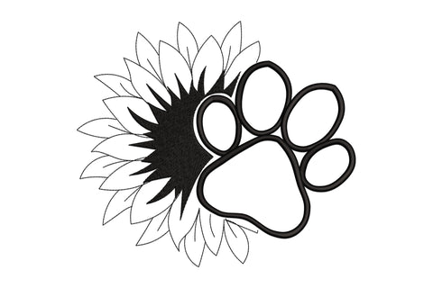 Dog paw floral embroidery design, black paw print overlaid on open sunflower petals with dense satin centre, single colour.