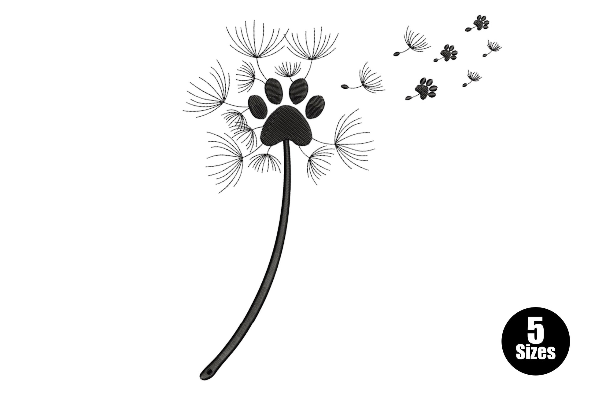 Dog paw dandelion embroidery design with a solid paw print as the seed head and tiny paw-shaped florets drifting away on delicate stem lines, single black thread.