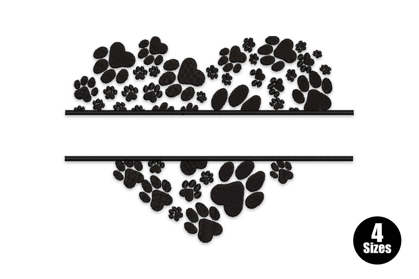 Embroidery of a heart shape built from packed dog paw prints with a horizontal split through the centre, ready for a name or monogram.