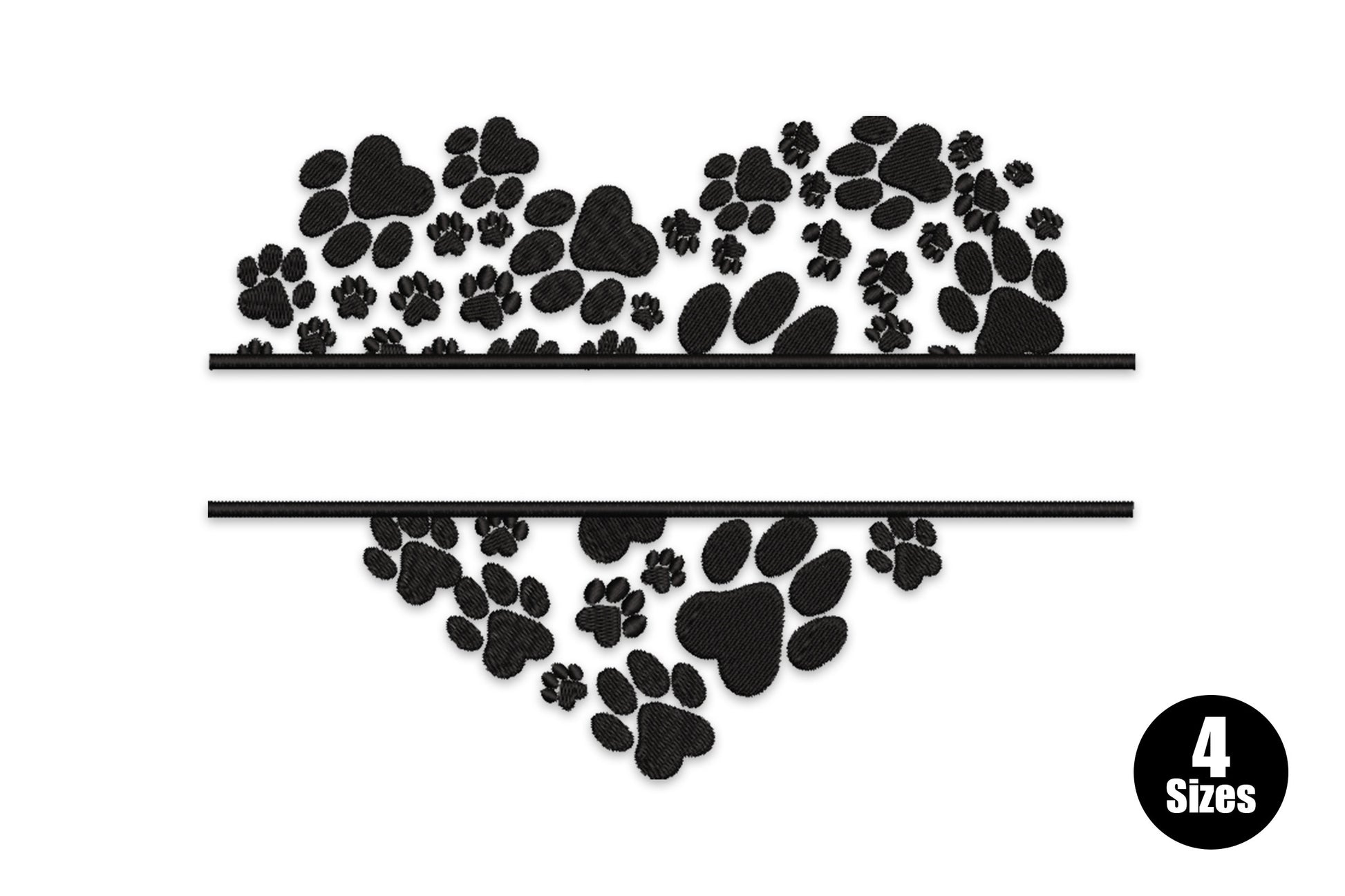 Embroidery of a heart shape built from packed dog paw prints with a horizontal split through the centre, ready for a name or monogram.