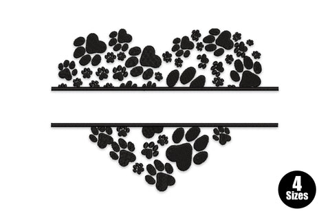 Embroidery of a heart shape built from packed dog paw prints with a horizontal split through the centre, ready for a name or monogram.