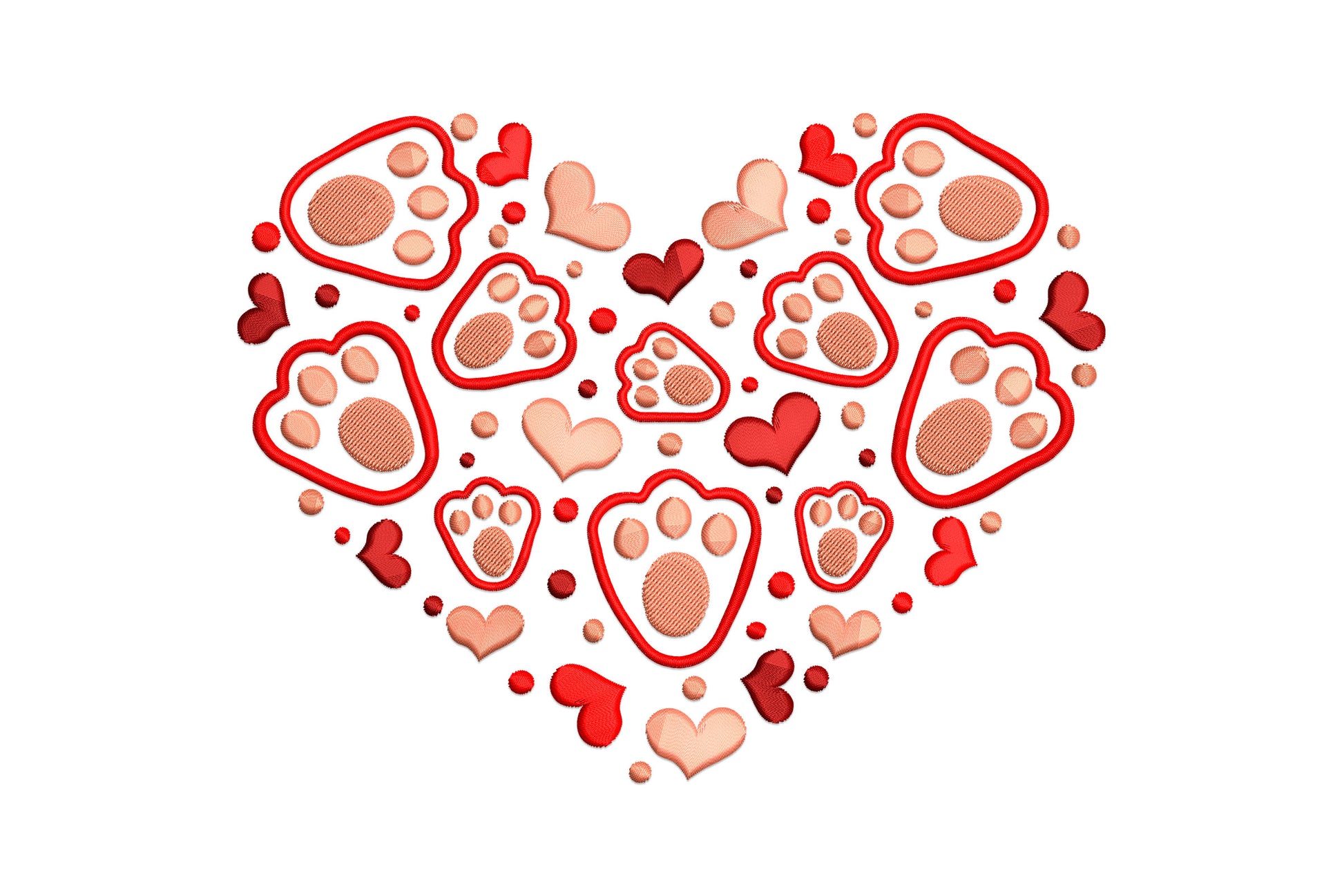 Dog paw heart embroidery design with a large heart shape filled with red-outlined tan paw prints, crimson and blush mini hearts, and red dots.